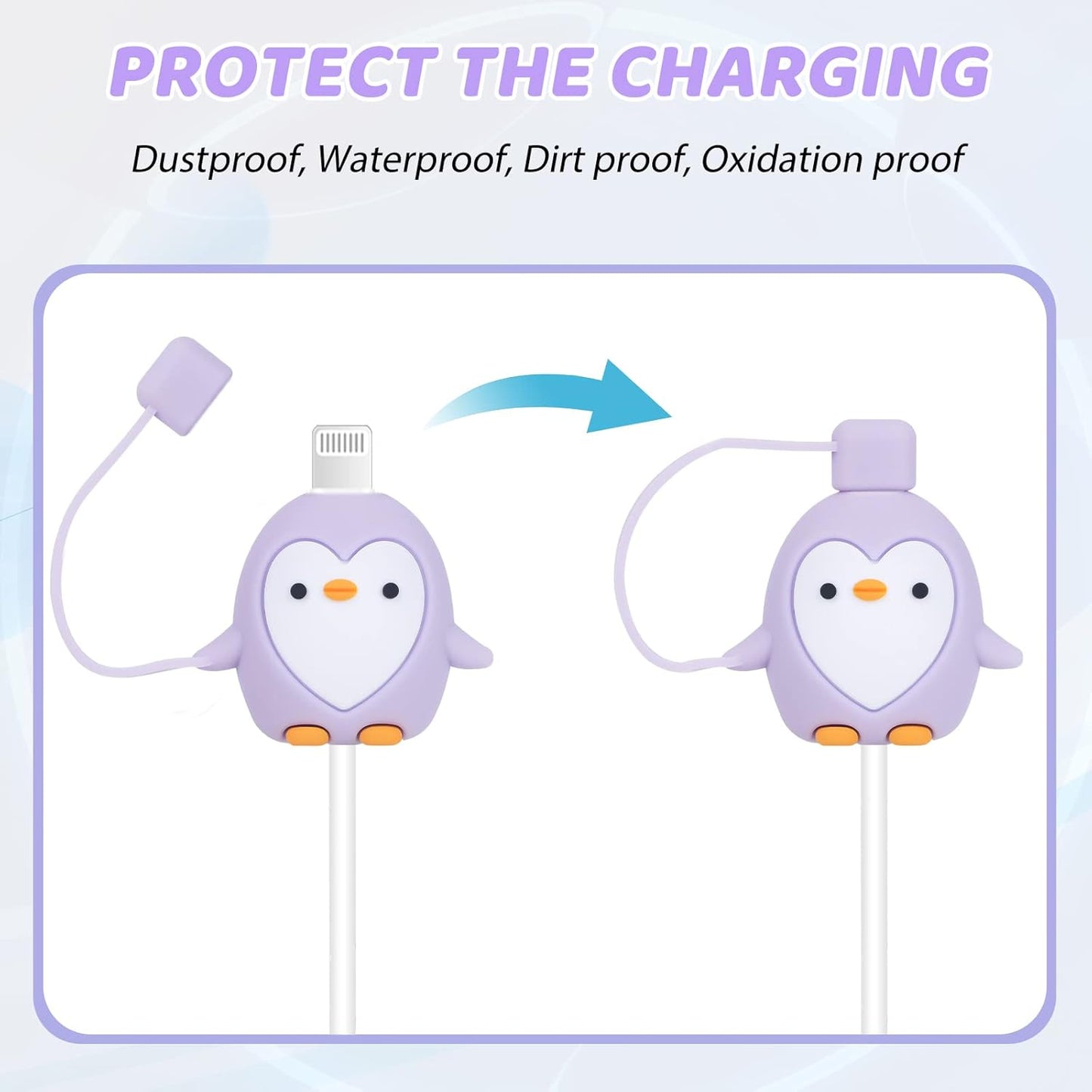 Cute Penguin Cartoon Wire Protector Saver With Dust Cap