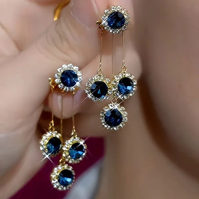 Elegant Blue Zircon Diamond Tassel Earrings