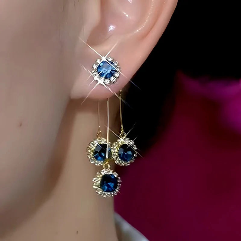 Elegant Blue Zircon Diamond Tassel Earrings