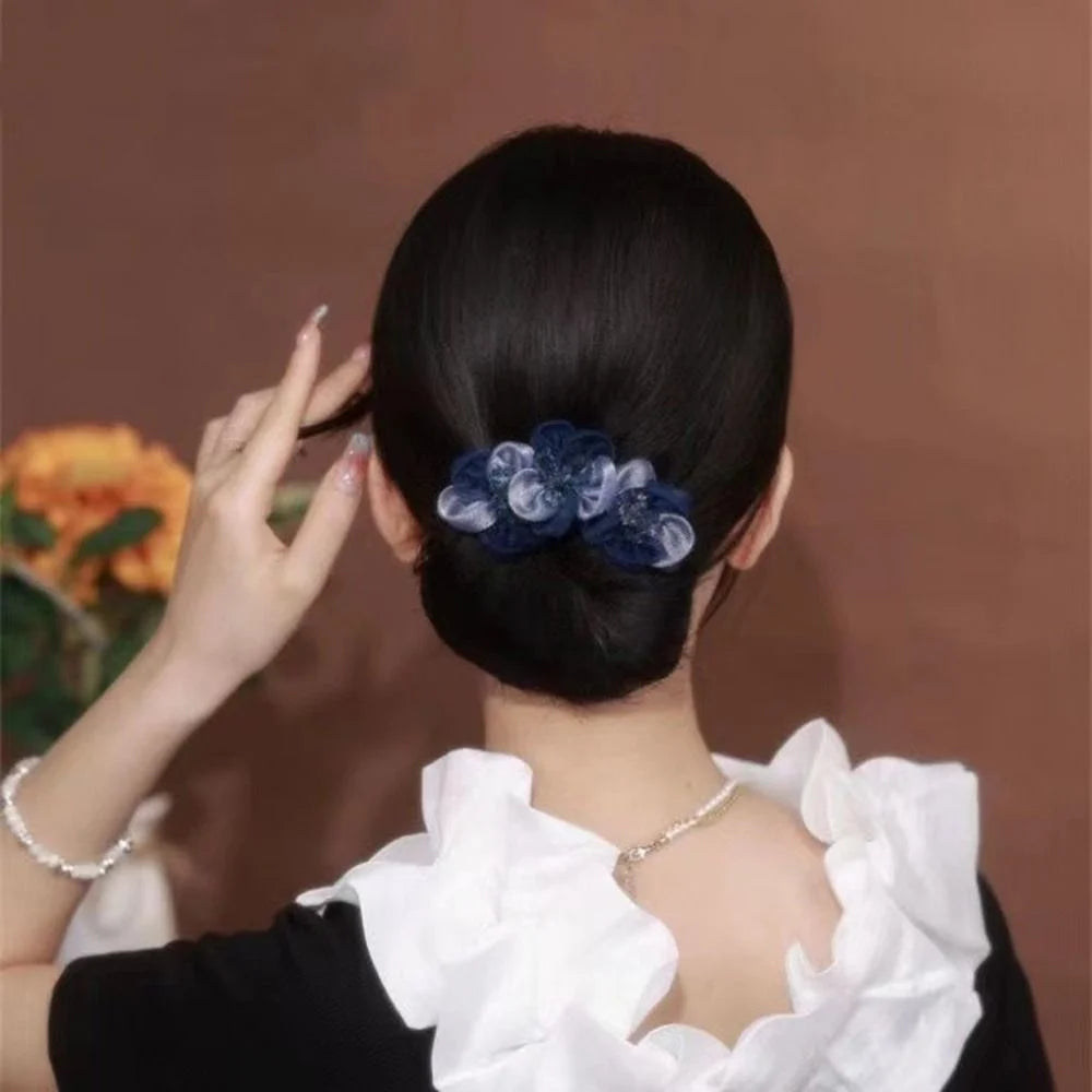 Elegant Blue Crystal Flower Hair Bun Maker