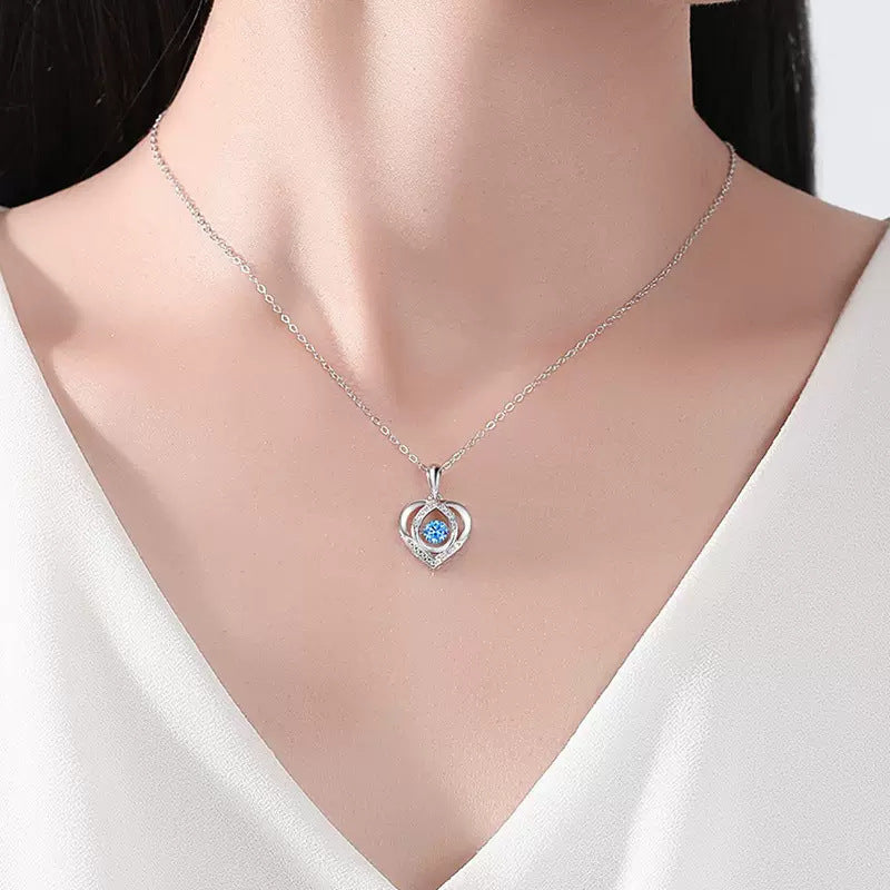 Silver Blue Diamond Heartbeat Pendant Necklace