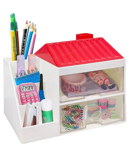 Hut Shaped Stationary Desk Organizer with Drawer Red White