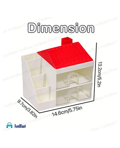 Hut Shaped Stationary Desk Organizer with Drawer Red White