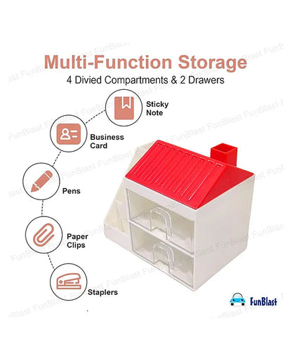 Hut Shaped Stationary Desk Organizer with Drawer Red White