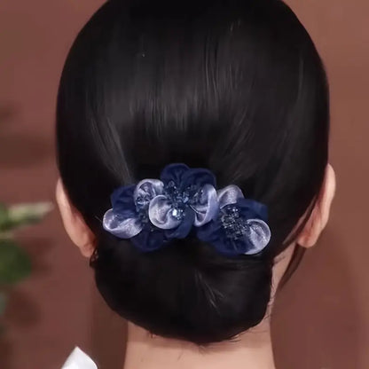 Elegant Blue Crystal Flower Hair Bun Maker
