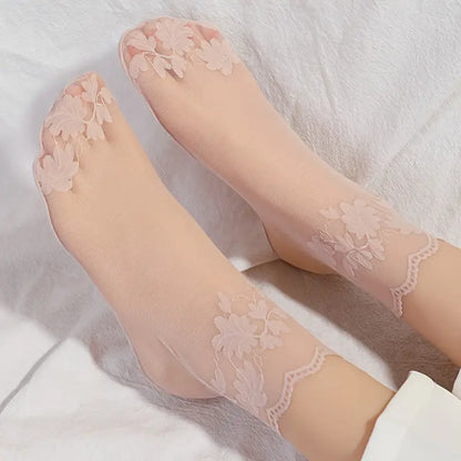 Women’s Floral Print Lace Boat Socks