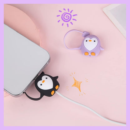 Cute Penguin Cartoon Wire Protector Saver With Dust Cap