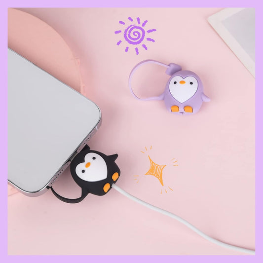 Cute Penguin Cartoon Wire Protector Saver With Dust Cap