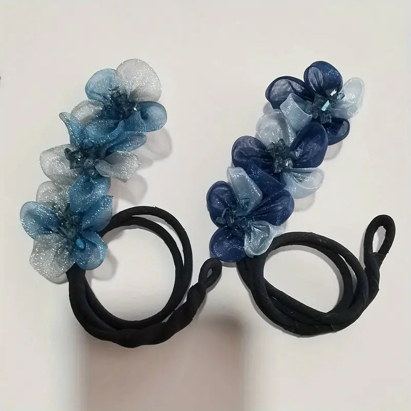 Elegant Blue Crystal Flower Hair Bun Maker