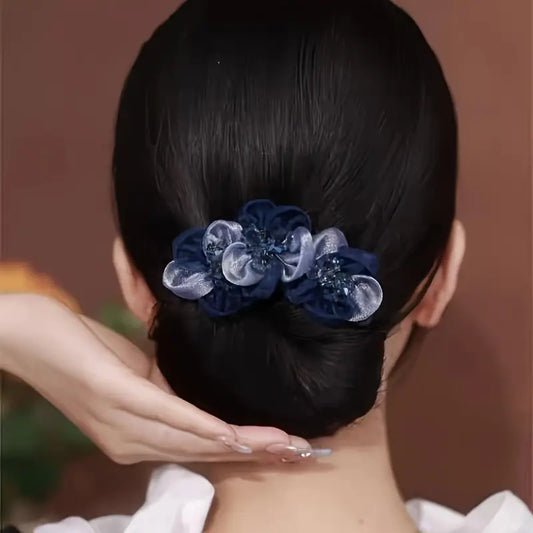 Elegant Blue Crystal Flower Hair Bun Maker