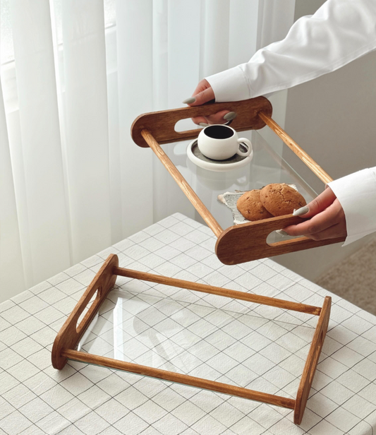 Tray Glass Bottom With Wood Handle