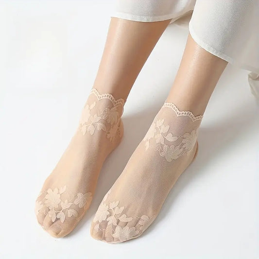 Women’s Floral Print Lace Boat Socks