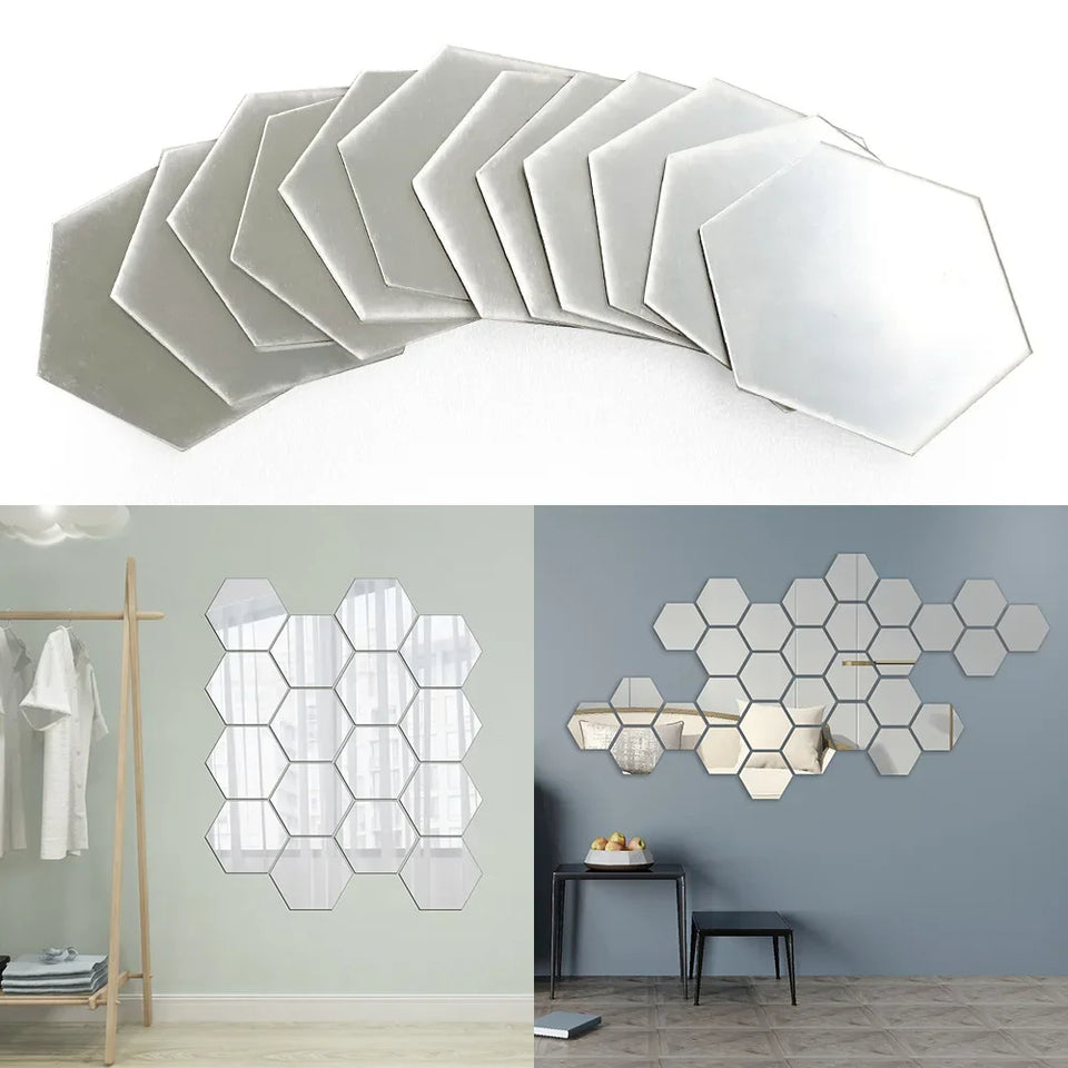 12 Pcs Mini Mirror Wall Stickers Hexagon Shape