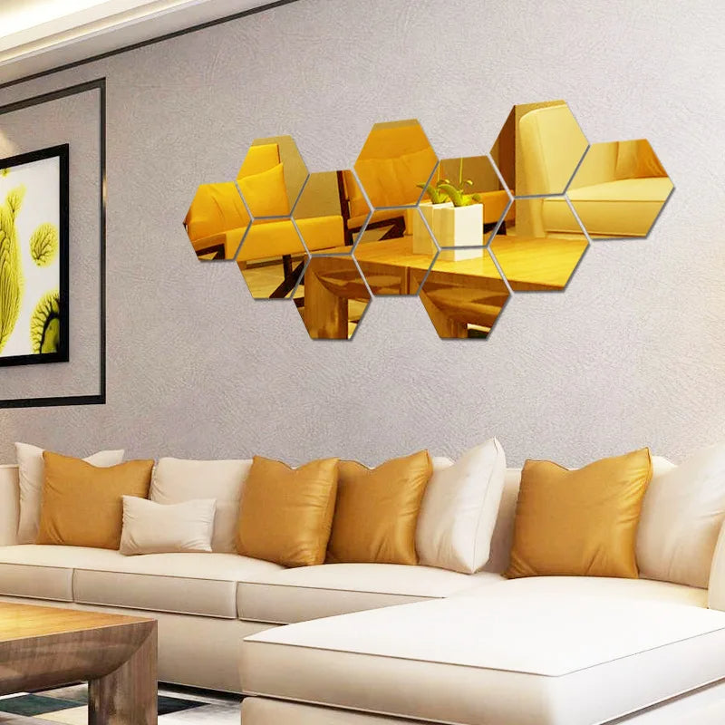 12 Pcs Mini Mirror Wall Stickers Hexagon Shape