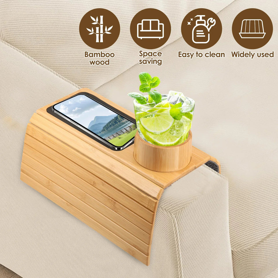 Multifunctional Bamboo Sofa Tray & Phone Holder